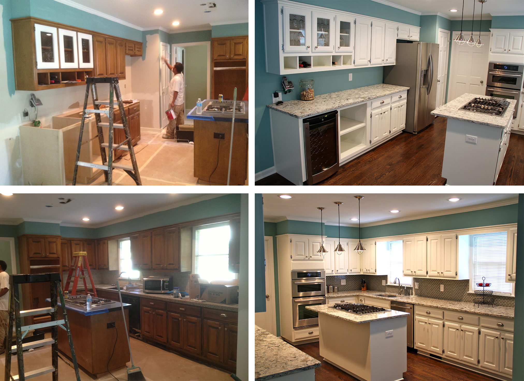 Teal walls and white cabinetry